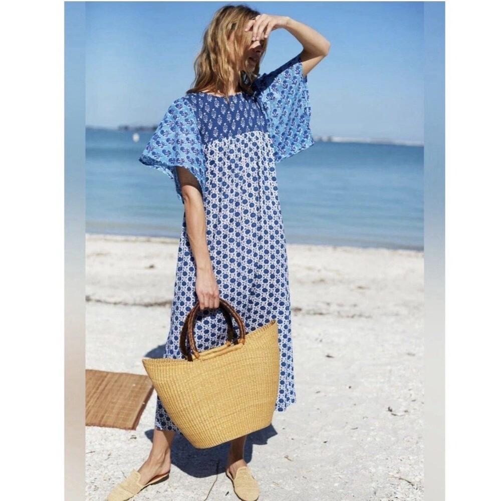 Emerson Fry Basalie Midi Dress Patchwork Blue Cotton Sz S India Collection EUC